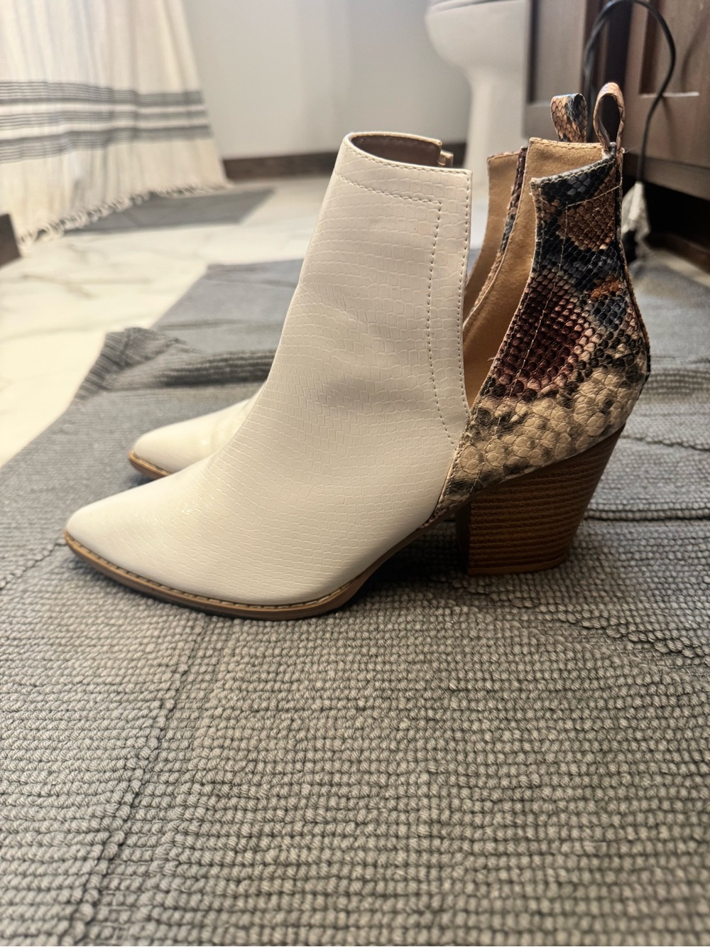 Women’s White Ankle Boots with Snakeskin Heel